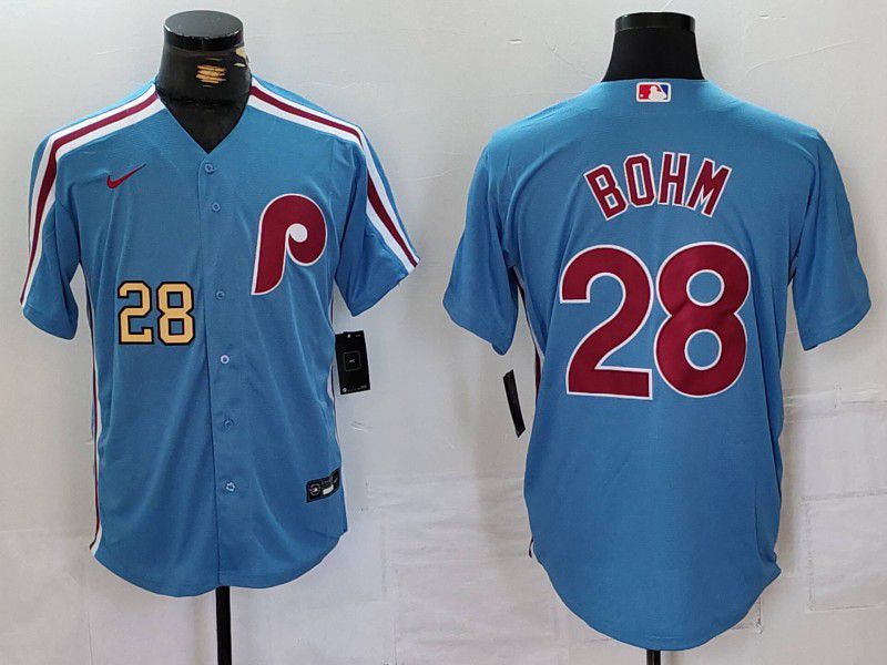Men Philadelphia Phillies #28 Bohm Blue Throwback 2024 Nike MLB Jersey style 3